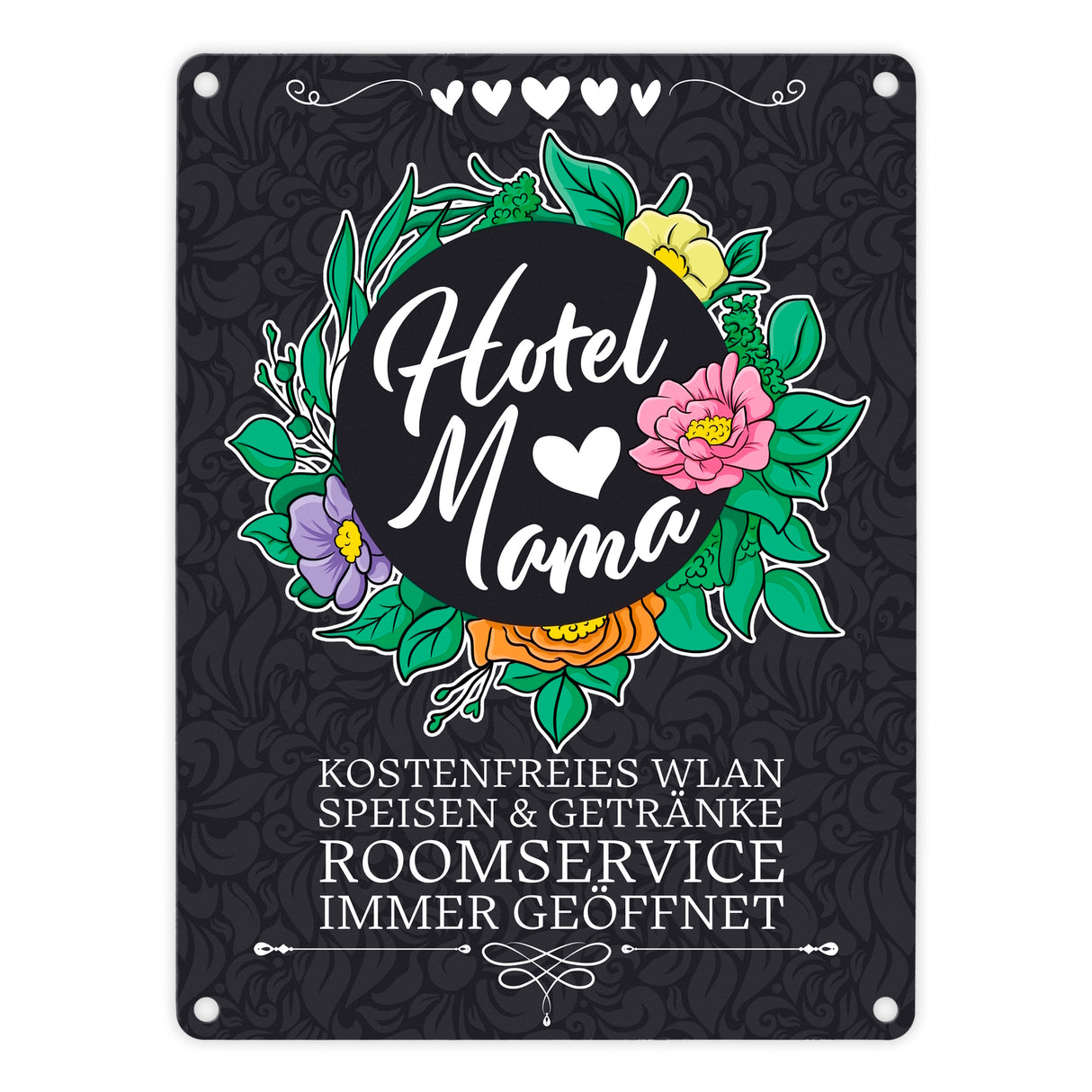 Hotel Mama Metallschild mit floralen Mustern und Aufschriften