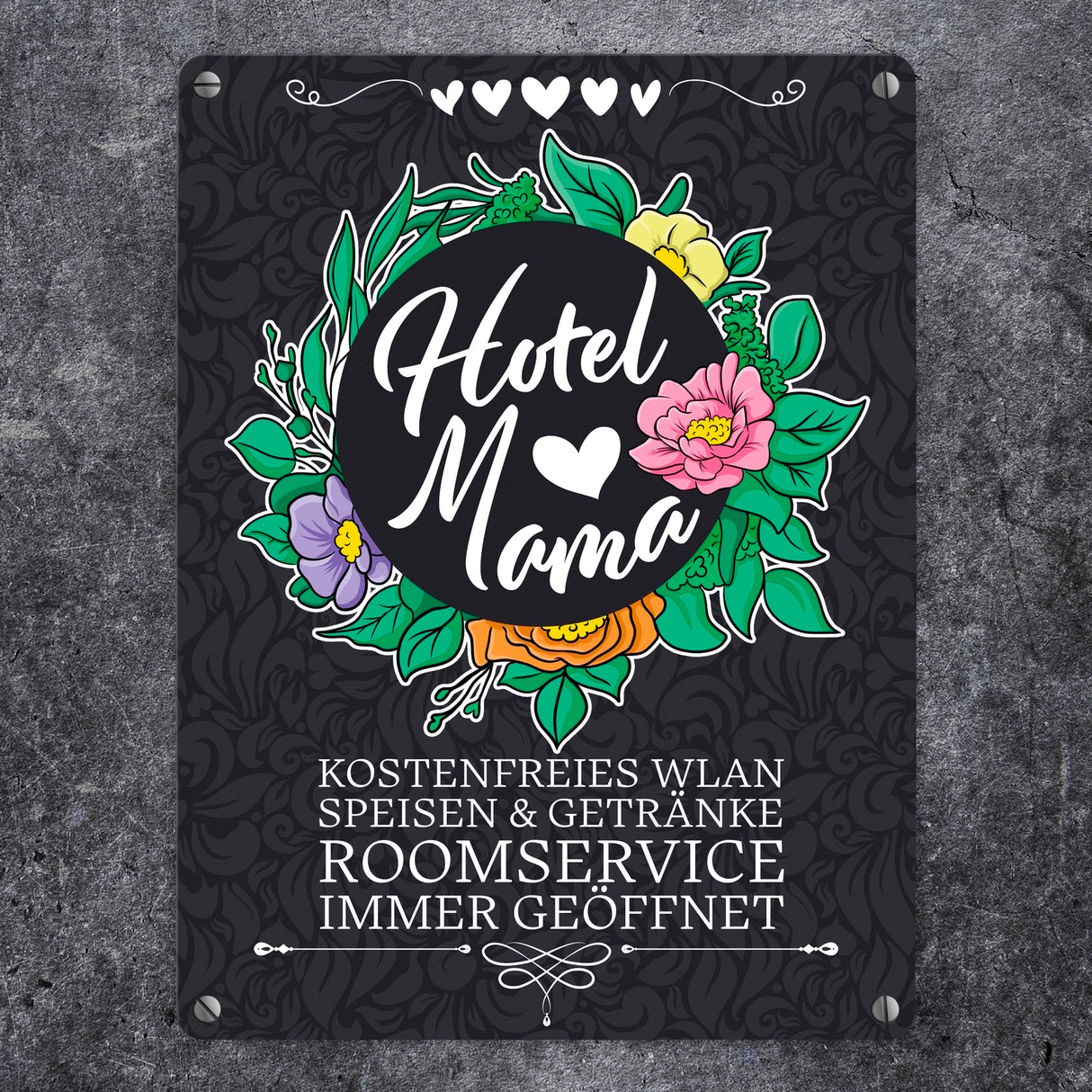 Hotel Mama Metallschild mit floralen Mustern und Aufschriften