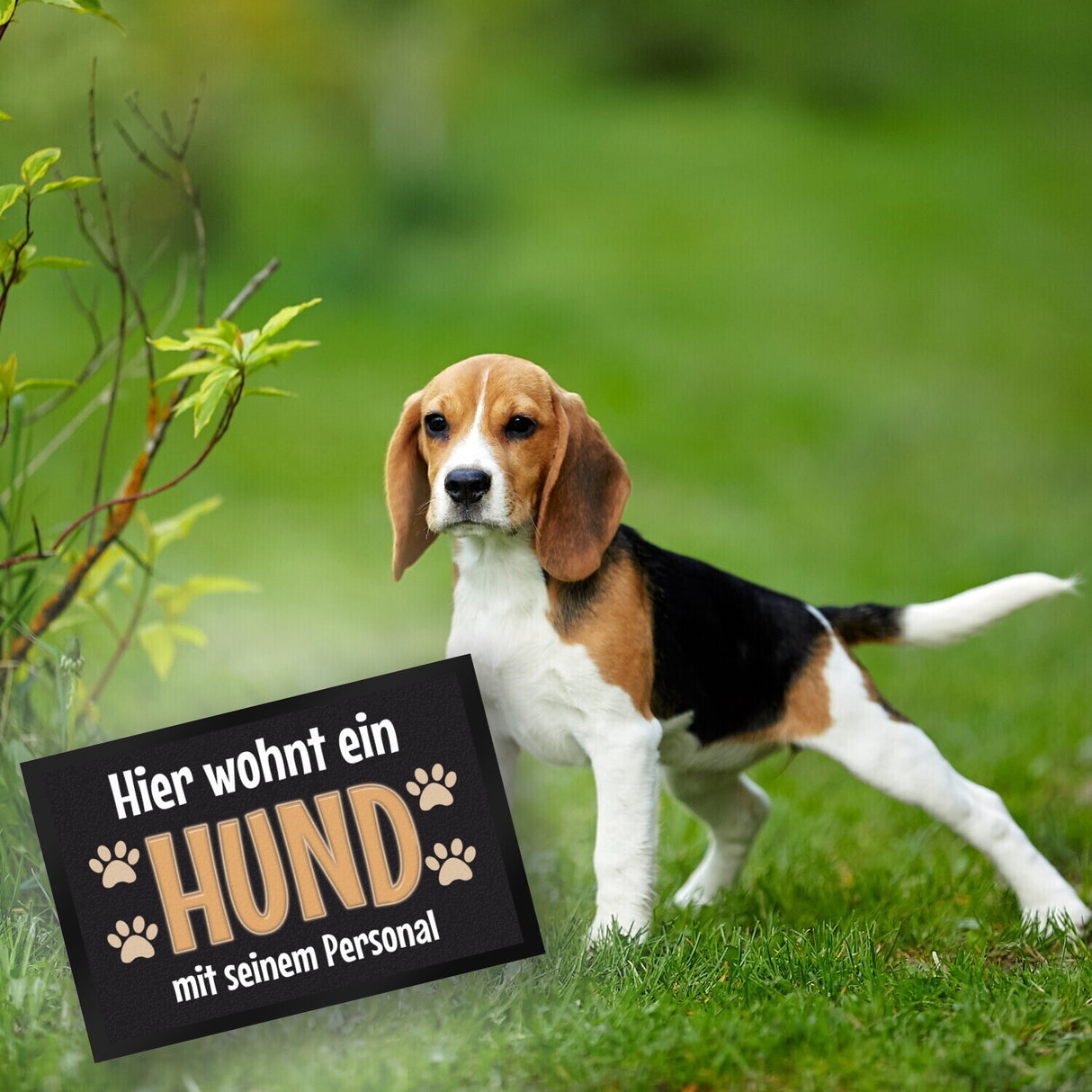 Hier wohnt ein Hund mit seinem Personal Fußmatte