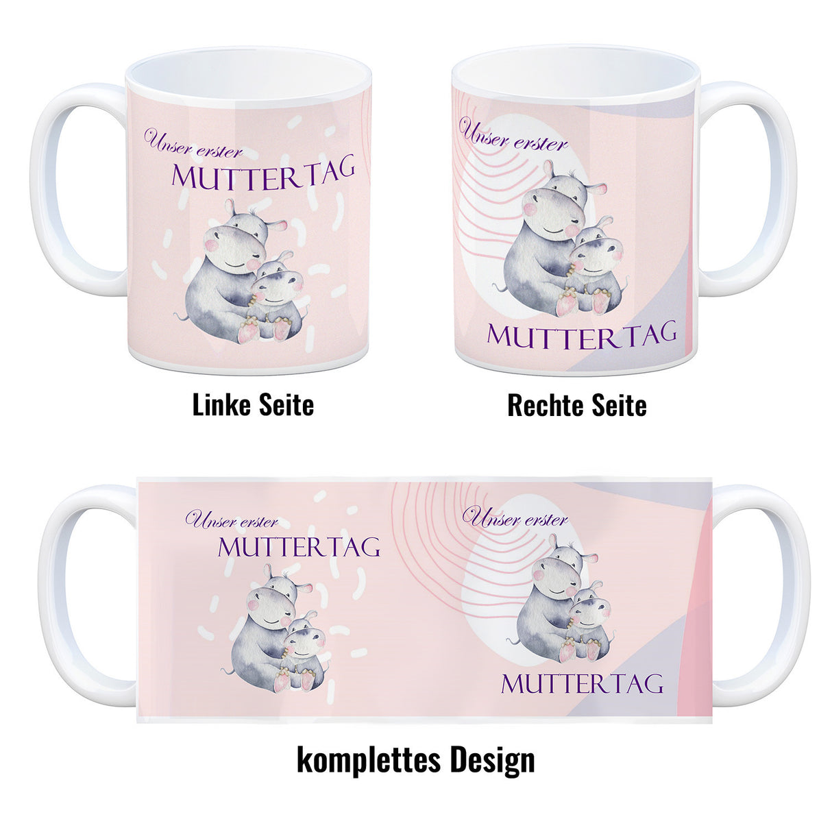 Nilpferd-Kaffeebecher zu ersten Muttertag mit Mama und Baby in rosa