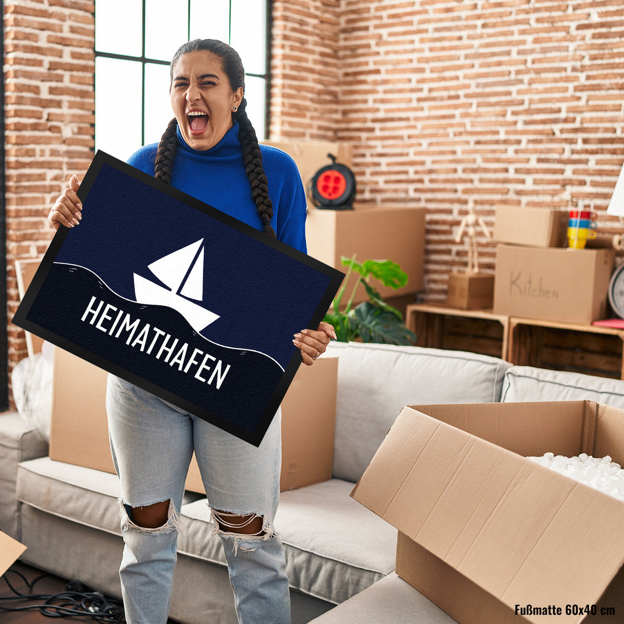 Heimathafen Fußmatte mit Schiff und Meeresmotiv