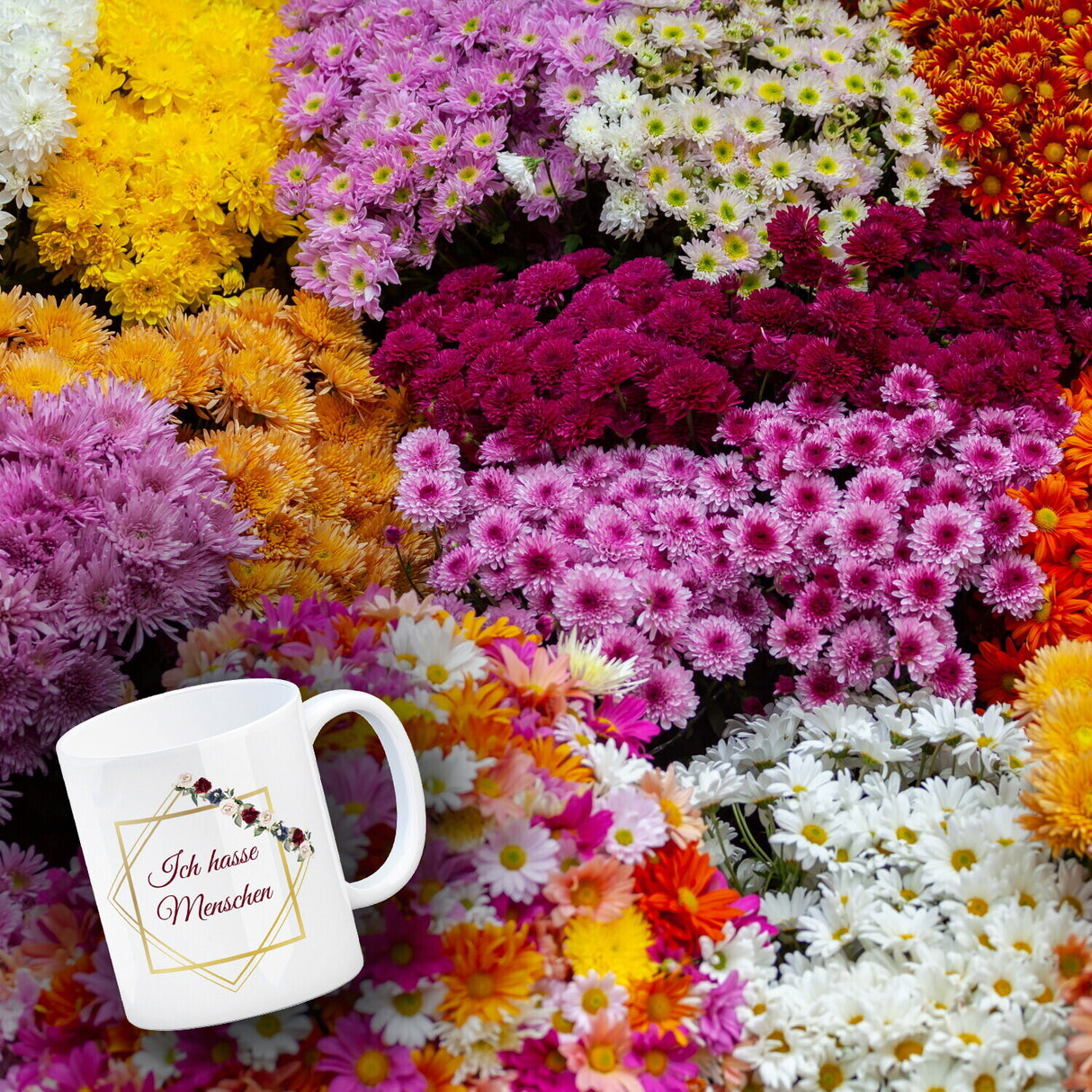 Ich hasse Menschen Kaffeetasse mit goldenem Rahmen und Blumen