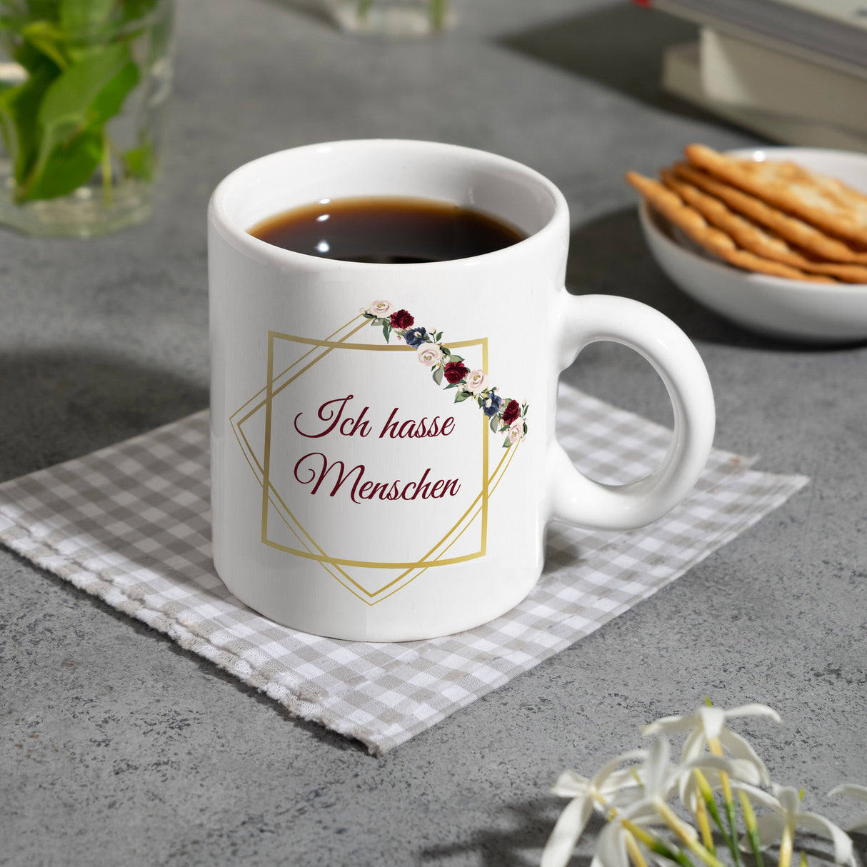 Ich hasse Menschen Kaffeetasse mit goldenem Rahmen und Blumen