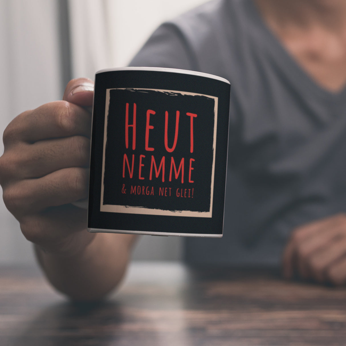 Kaffeebecher mit Spruch: Heut nemme & morga net glei! Schwäbisch Schwaben Dialekt Mundart
