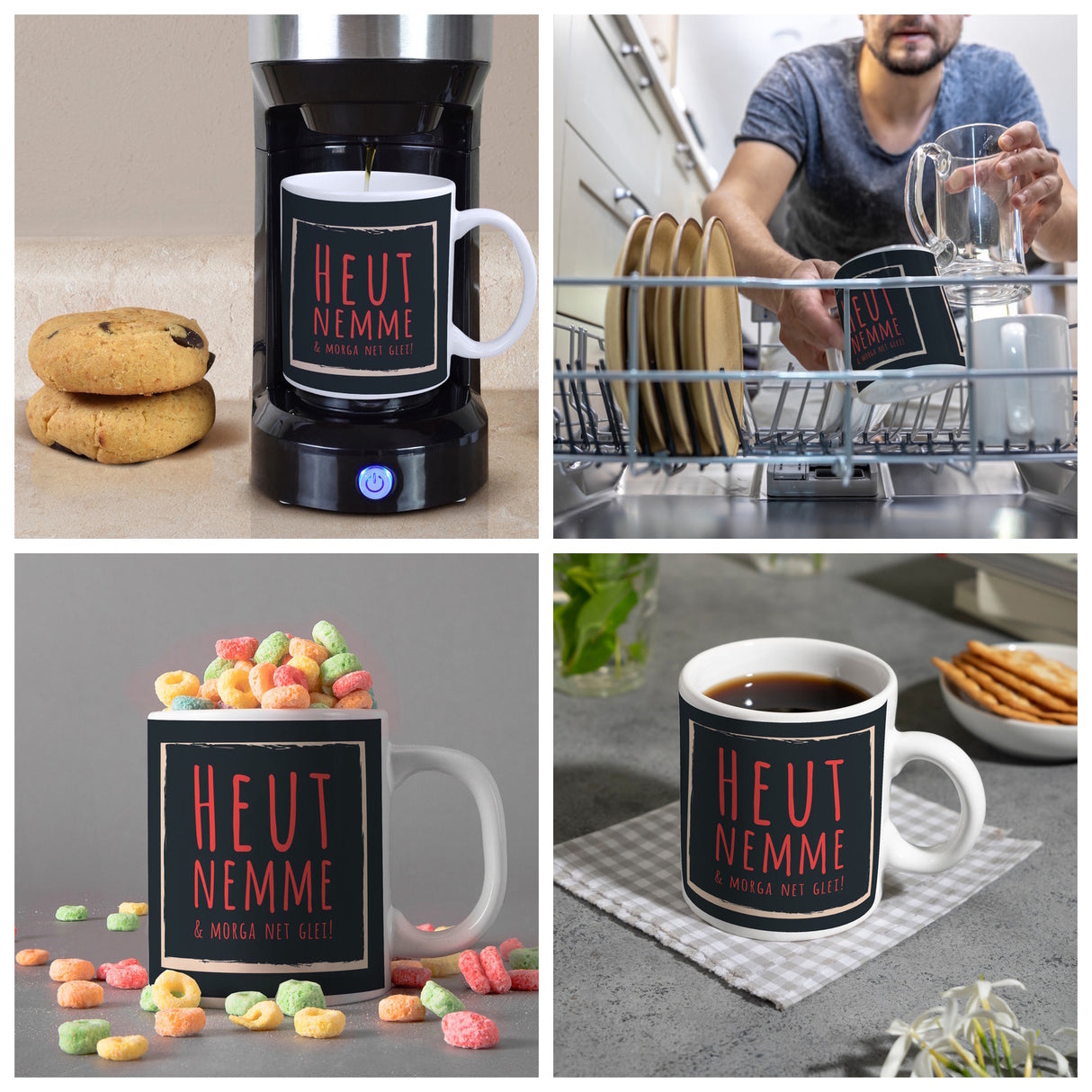 Kaffeebecher mit Spruch: Heut nemme & morga net glei! Schwäbisch Schwaben Dialekt Mundart