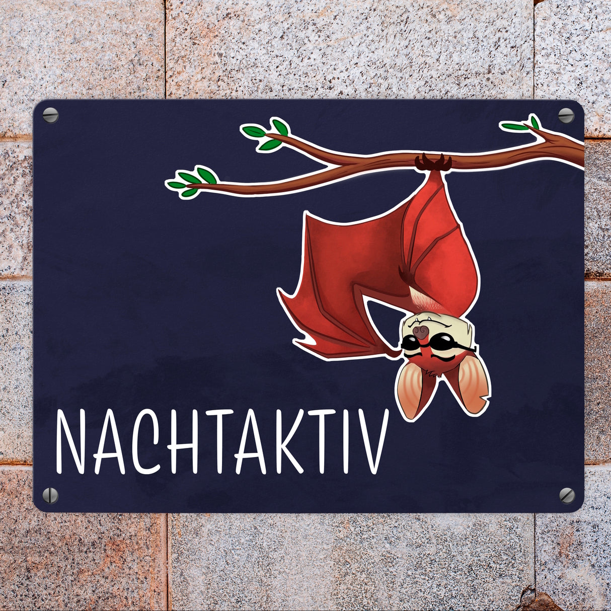 Nachtaktiv Metallschild mit lustiger Fledermaus