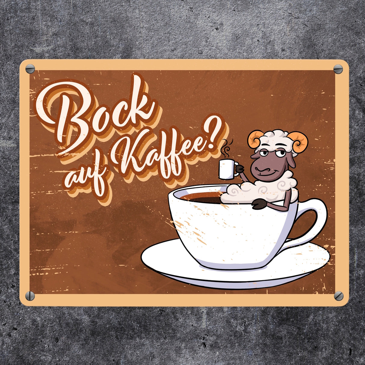 Bock auf Kaffee, Metallschild mit lustigem Schafsbock