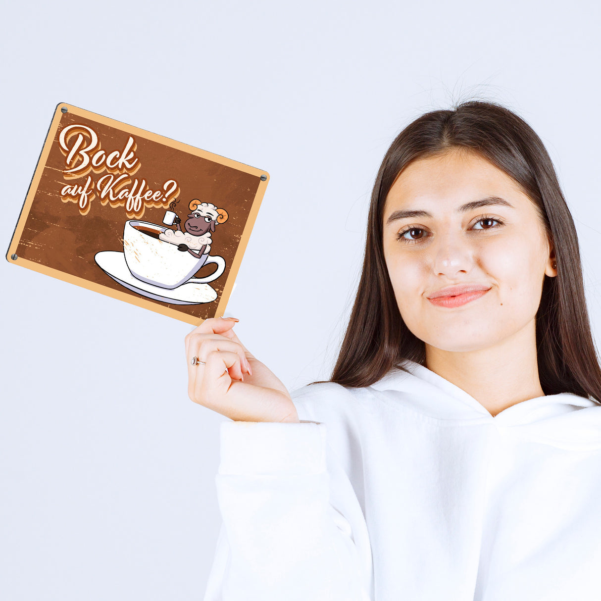 Bock auf Kaffee, Metallschild mit lustigem Schafsbock
