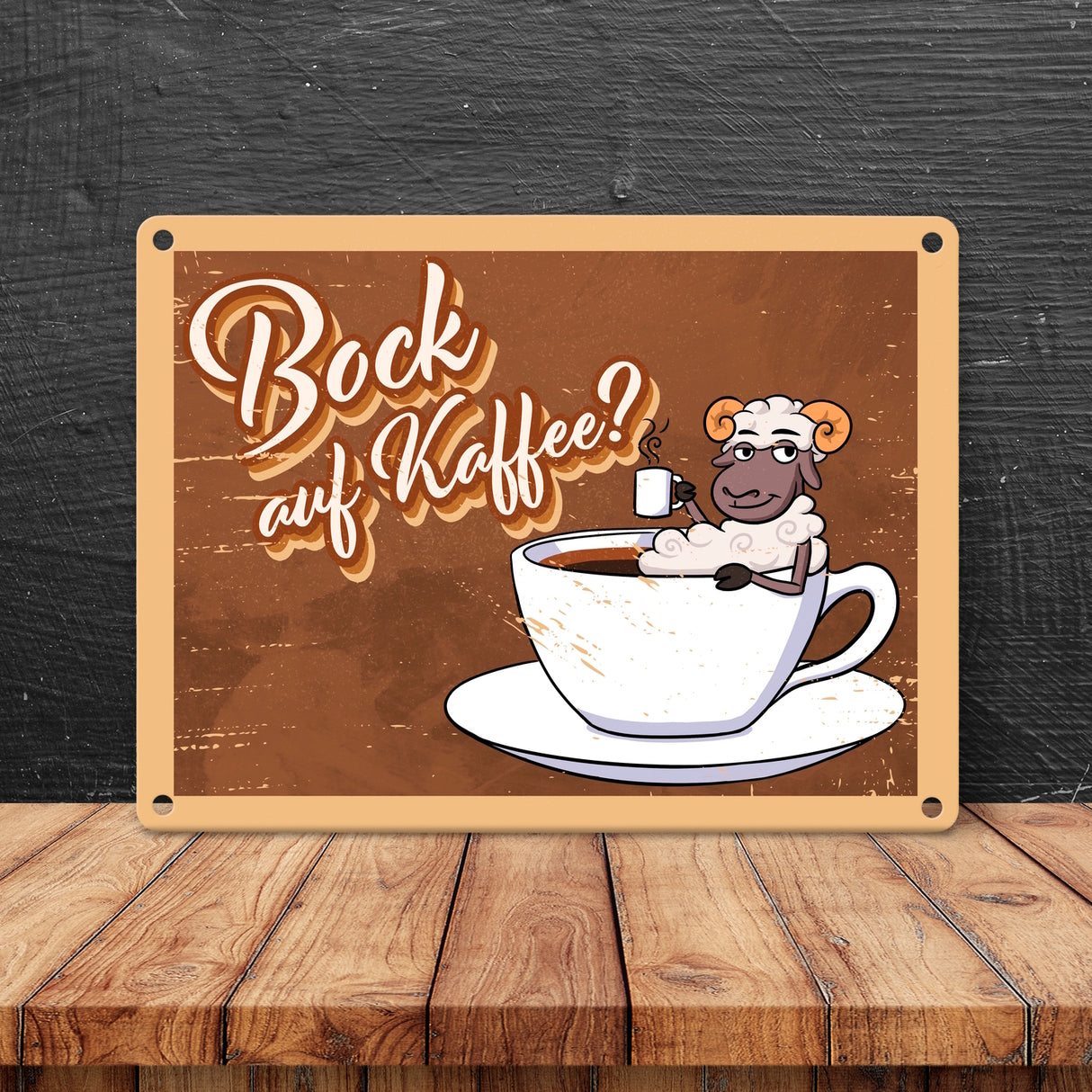 Bock auf Kaffee, Metallschild mit lustigem Schafsbock