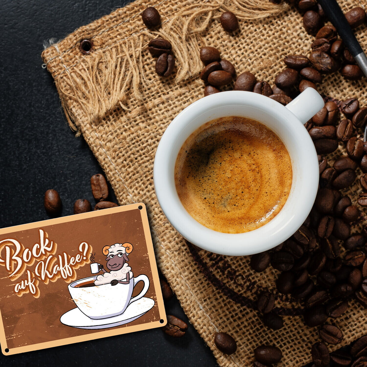 Bock auf Kaffee, Metallschild mit lustigem Schafsbock