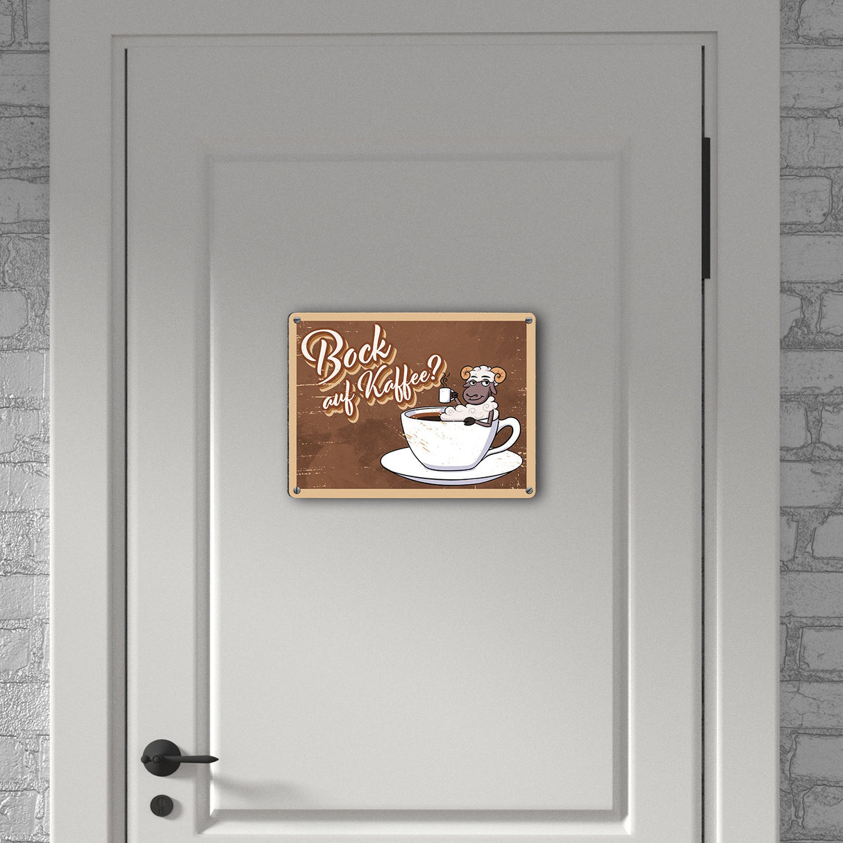 Bock auf Kaffee, Metallschild mit lustigem Schafsbock