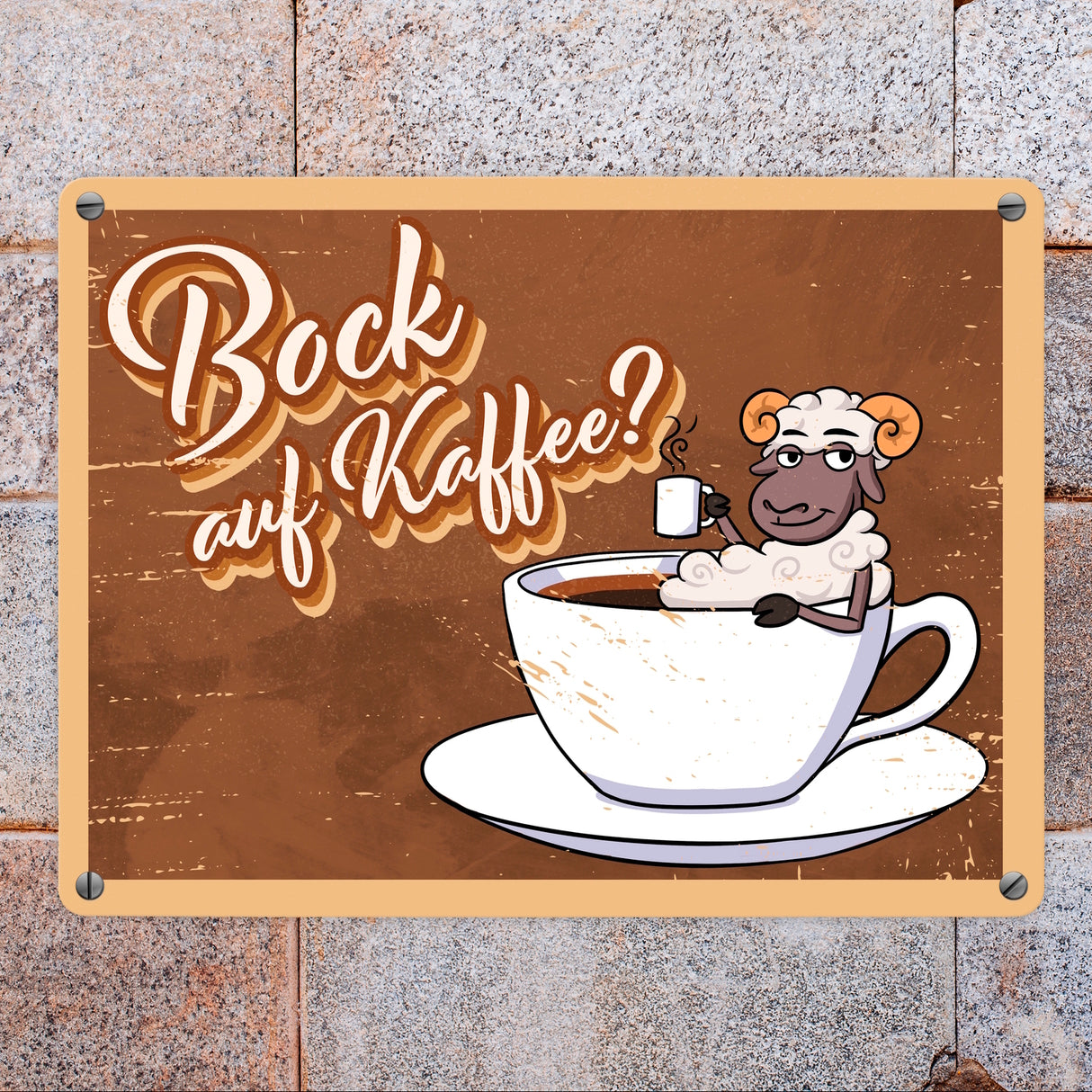 Bock auf Kaffee, Metallschild mit lustigem Schafsbock