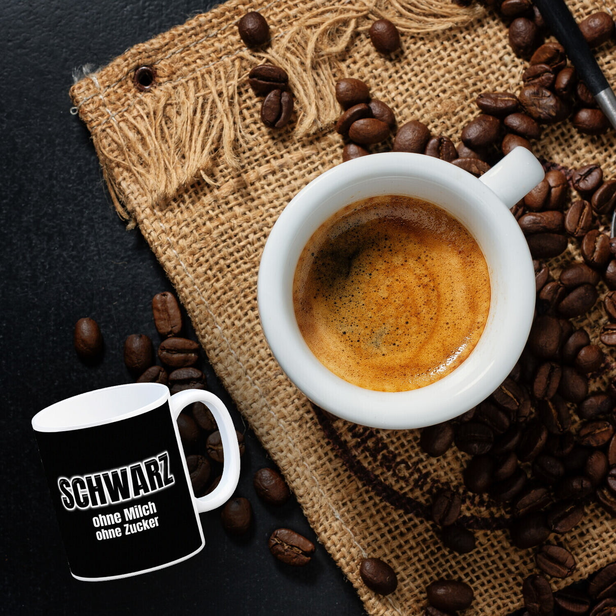 Kaffeebecher mit Spruch SCHWARZ ohne Milch ohne Zucker für Koffeinjunkies