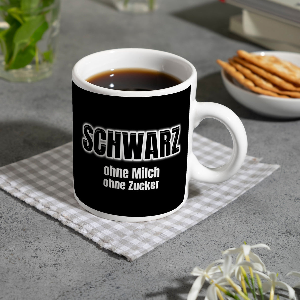 Kaffeebecher mit Spruch SCHWARZ ohne Milch ohne Zucker für Koffeinjunkies