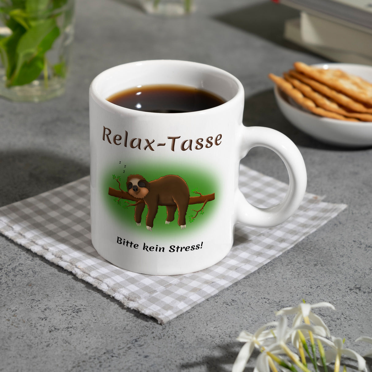 Kaffeebecher Relax-Tasse Bitte kein Stress mit schlafendem Faultier