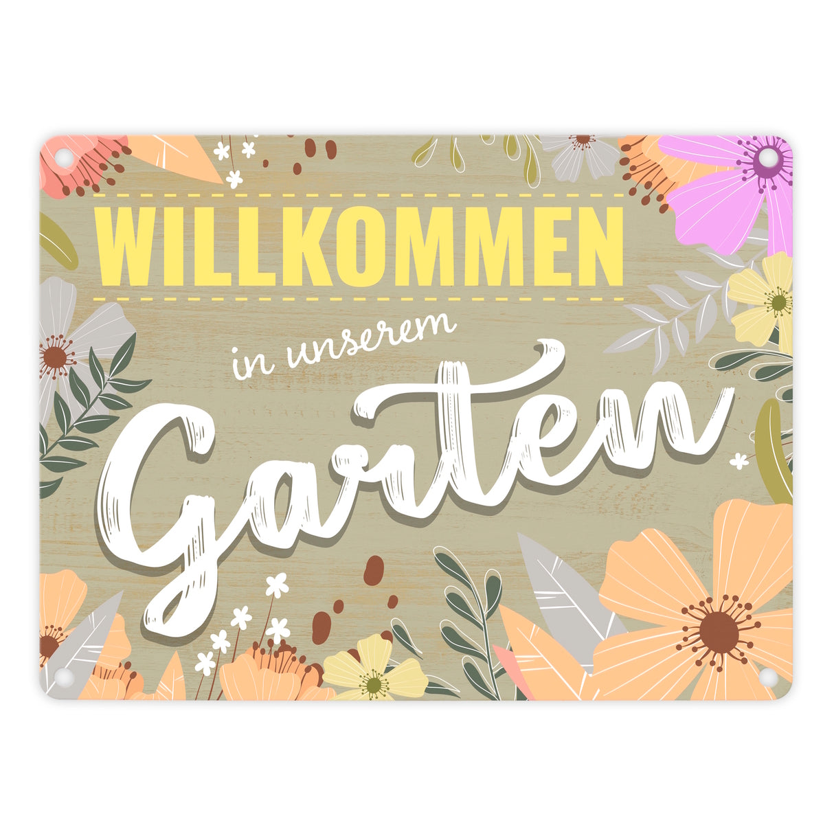 Willkommen in unserem Garten Metallschild mit Blumenmustern