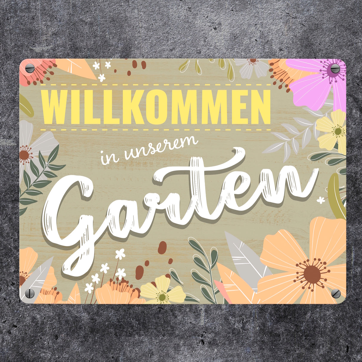 Willkommen in unserem Garten Metallschild mit Blumenmustern