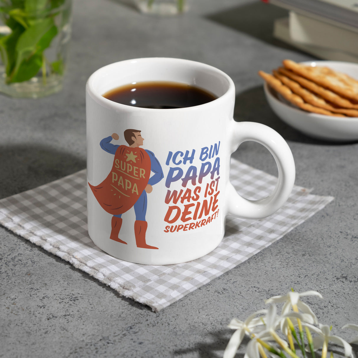 Ich bin Papa was ist deine Superkraft Kaffeebecher mit Superheldmotiv