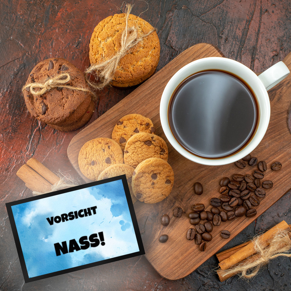 Vorsicht Nass! Fussmatte mit Tropfen oder Wasserpfütze
