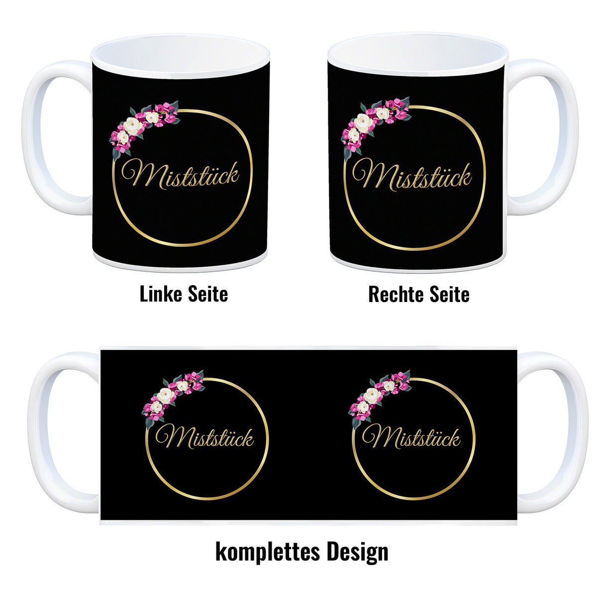 Kaffeebecher Miststück mit Goldrahmen und Blumen Schimpfwort-Tasse