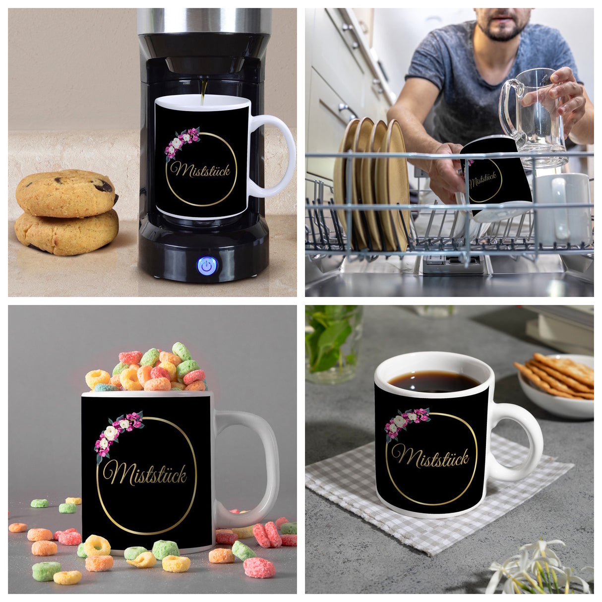 Kaffeebecher Miststück mit Goldrahmen und Blumen Schimpfwort-Tasse