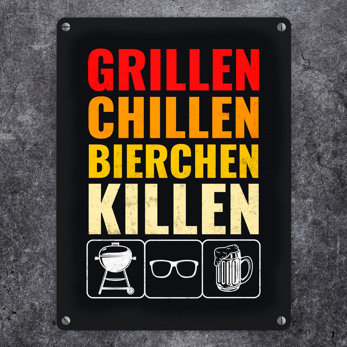 Grillen, Chillen, Bierchen Killen Metallschild mit Grill-, Sonnenbrille- und Biermotiv