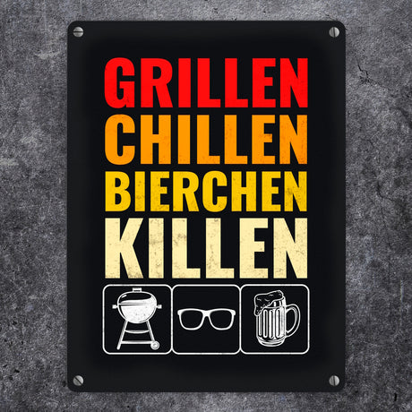 Grillen, Chillen, Bierchen Killen Metallschild mit Grill-, Sonnenbrille- und Biermotiv