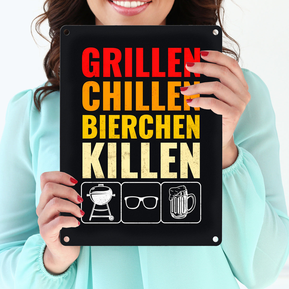 Grillen, Chillen, Bierchen Killen Metallschild mit Grill-, Sonnenbrille- und Biermotiv