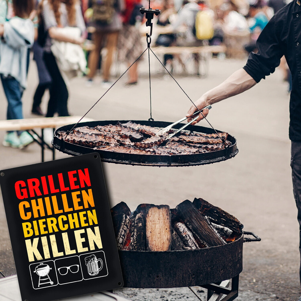 Grillen, Chillen, Bierchen Killen Metallschild mit Grill-, Sonnenbrille- und Biermotiv