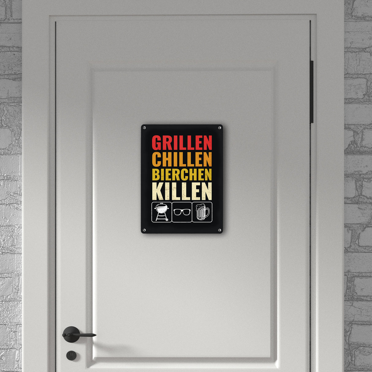 Grillen, Chillen, Bierchen Killen Metallschild mit Grill-, Sonnenbrille- und Biermotiv