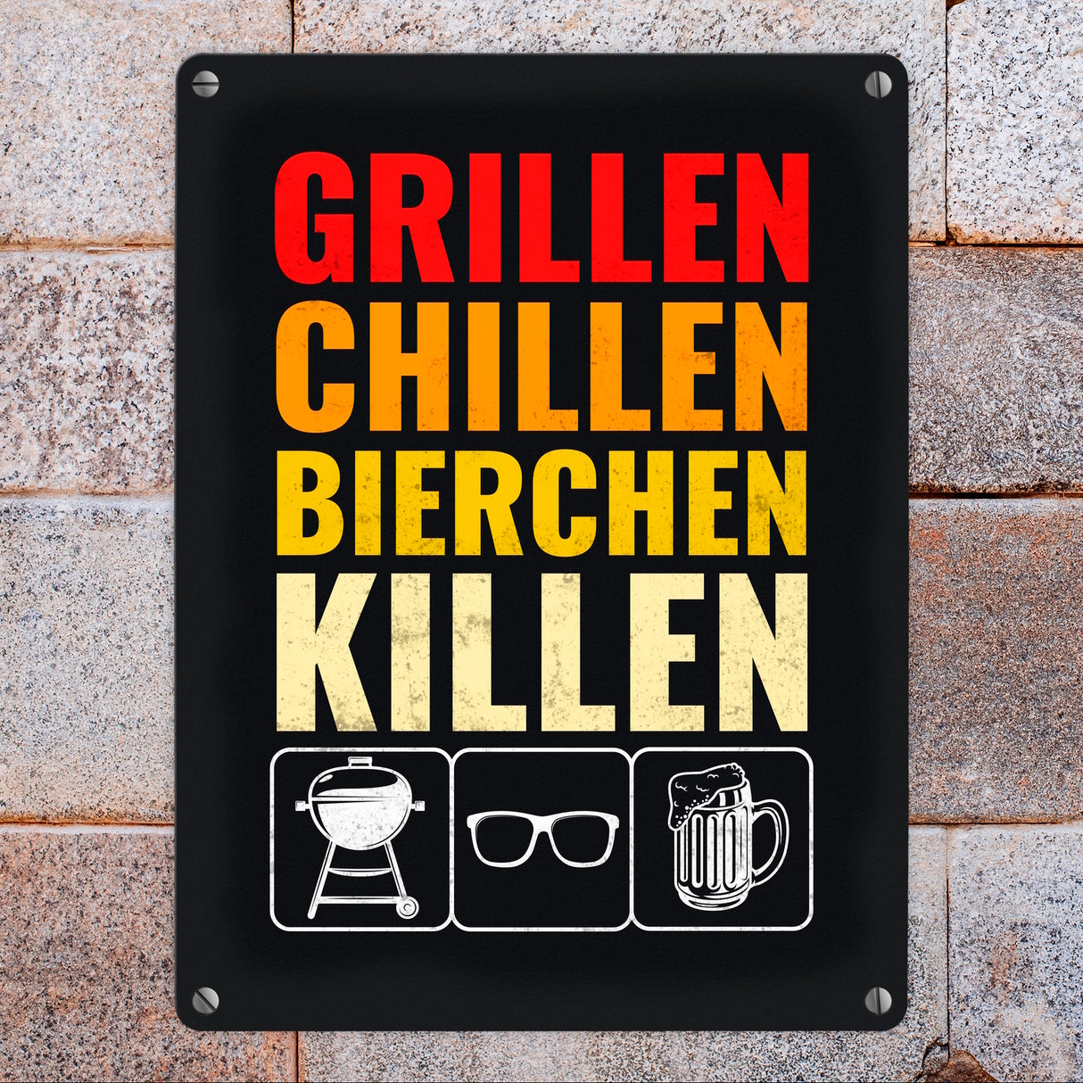 Grillen, Chillen, Bierchen Killen Metallschild mit Grill-, Sonnenbrille- und Biermotiv