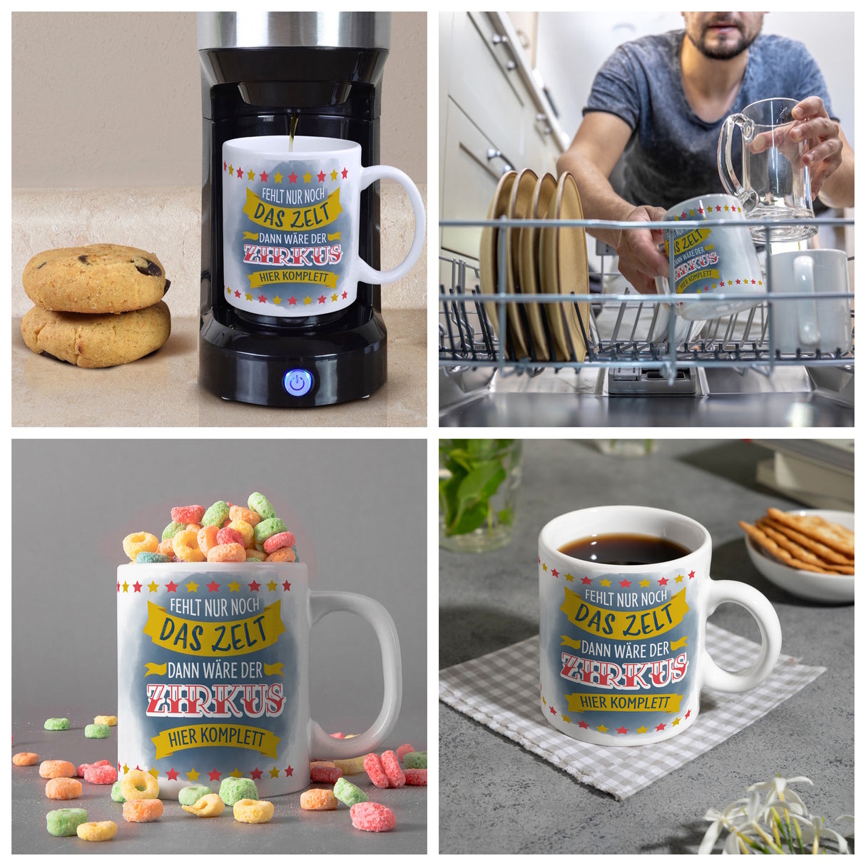 Fehlt nur noch das Zelt, dann wäre der Zirkus hier komplett Kaffeebecher mit buntem Zirkusdesign
