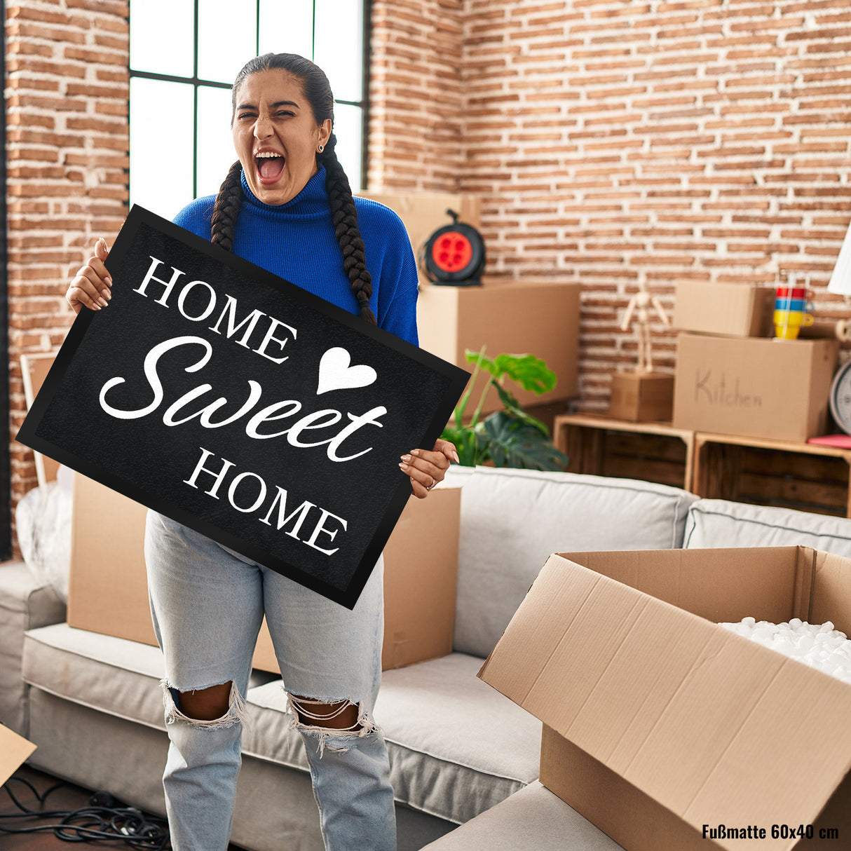 Home Sweet Home Fußmatte mit eleganter Aufschrift auf schwarzem Hintergrund