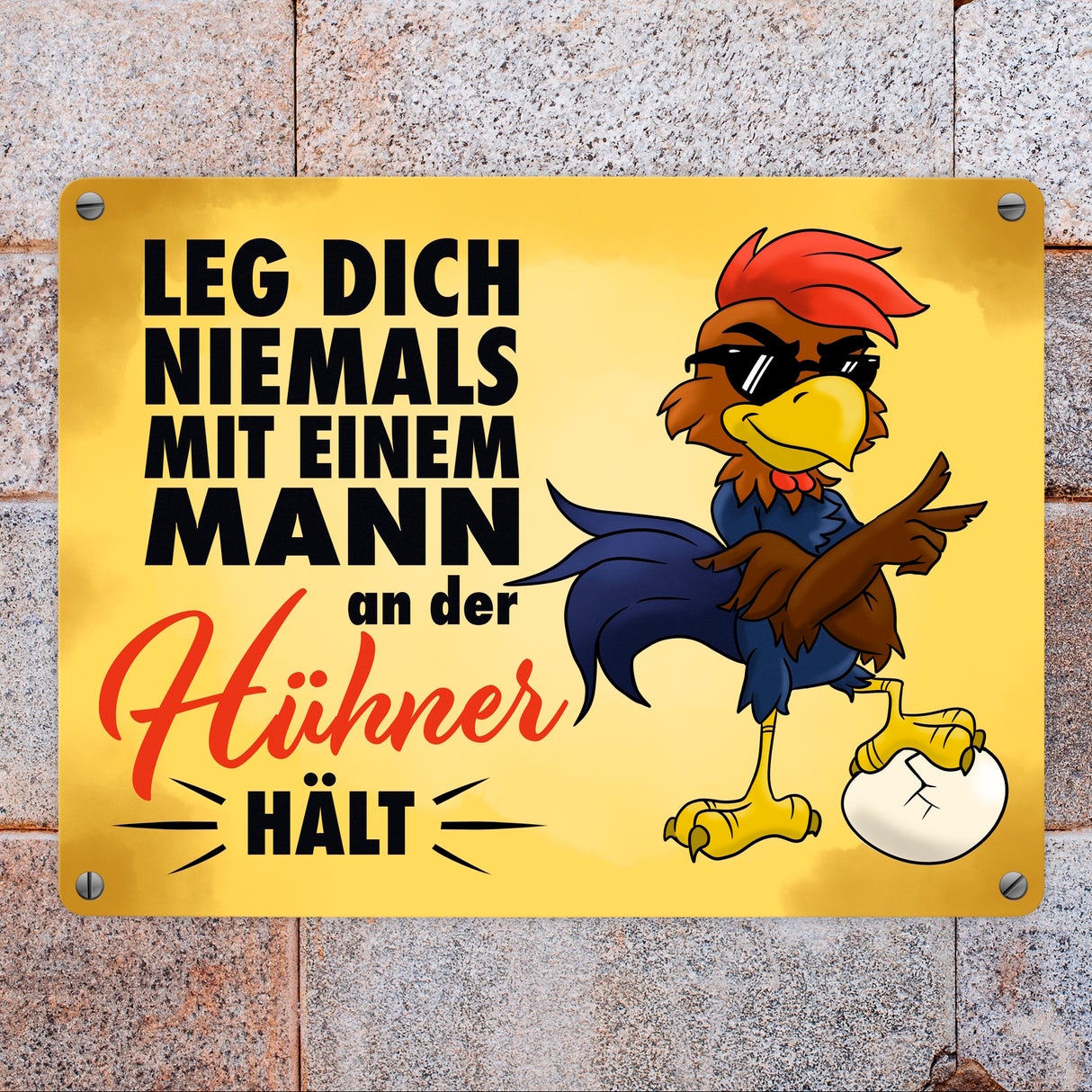 Leg dich niemals mit einem Mann an der Hühner hält - Metallschild mit lässigem Cartoon-Hahn