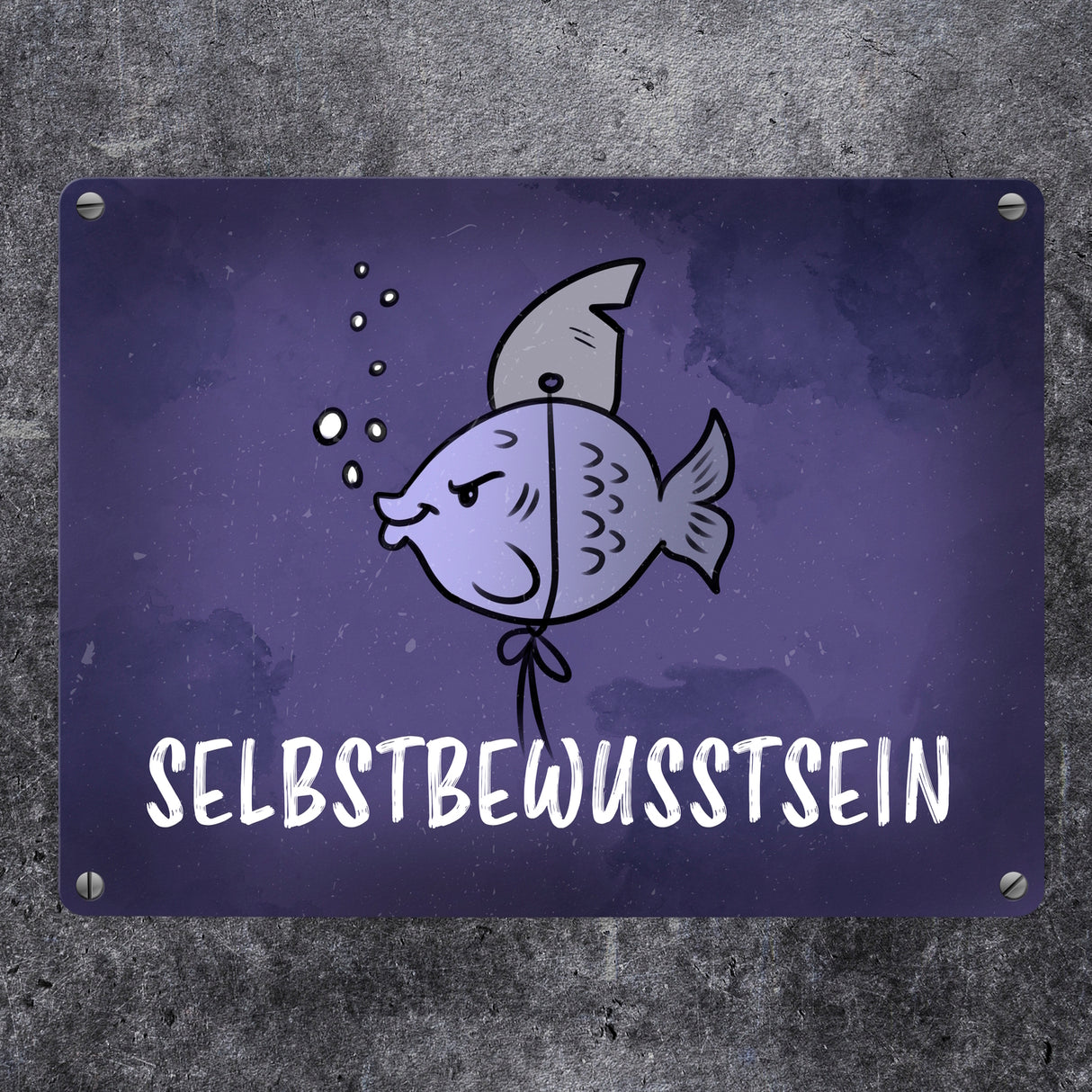Selbstbewusstsein - Metallschild mit dem gewitzten Fisch mit Haifischflosse