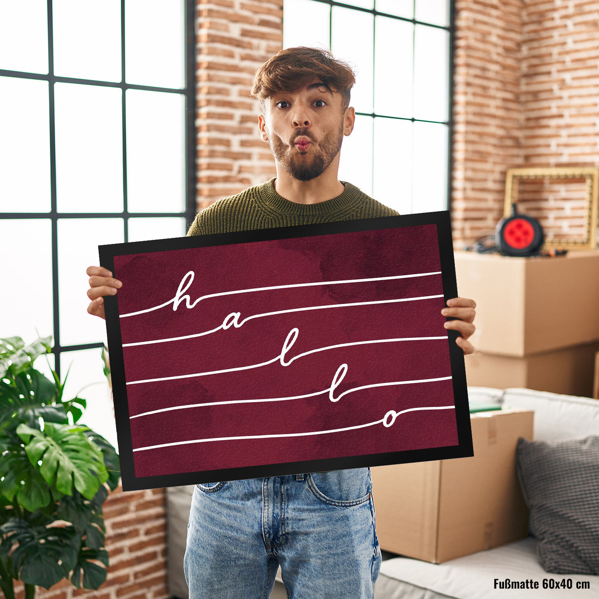 hallo - Fußmatte im Wellendesign auf rotem Hintergrund