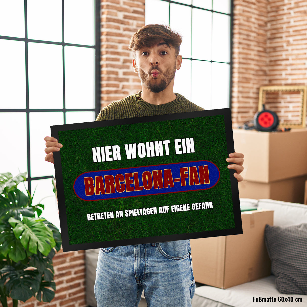 Hier wohnt ein Barcelona-Fan Fußmatte in 35x50 cm mit Rasenmotiv