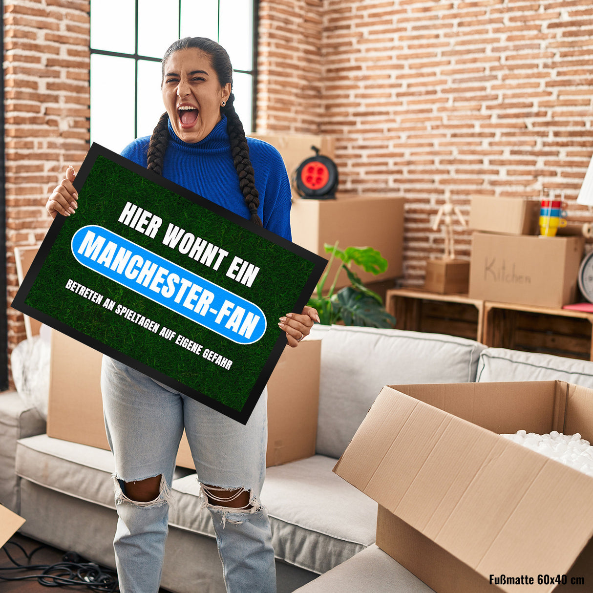 Hier wohnt ein Manchester-Fan Fußmatte in 35x50 cm mit Rasenmotiv
