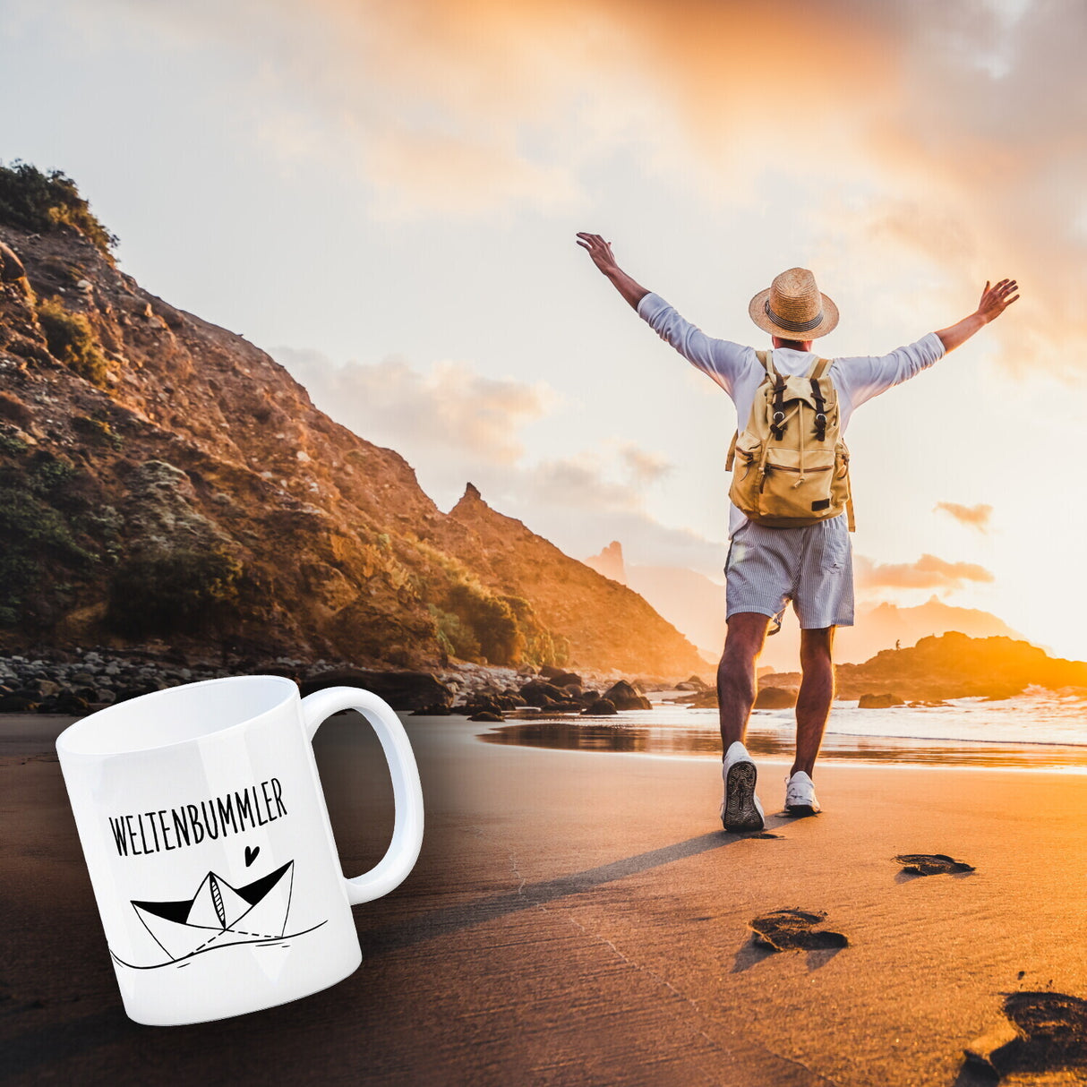 Weltenbummler Kaffeebecher mit schönem Papierschiff Motiv