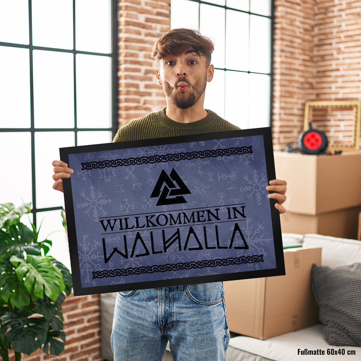Willkommen in Walhalla Wikinger Fußmatte mit Runen und Knoten Motiven