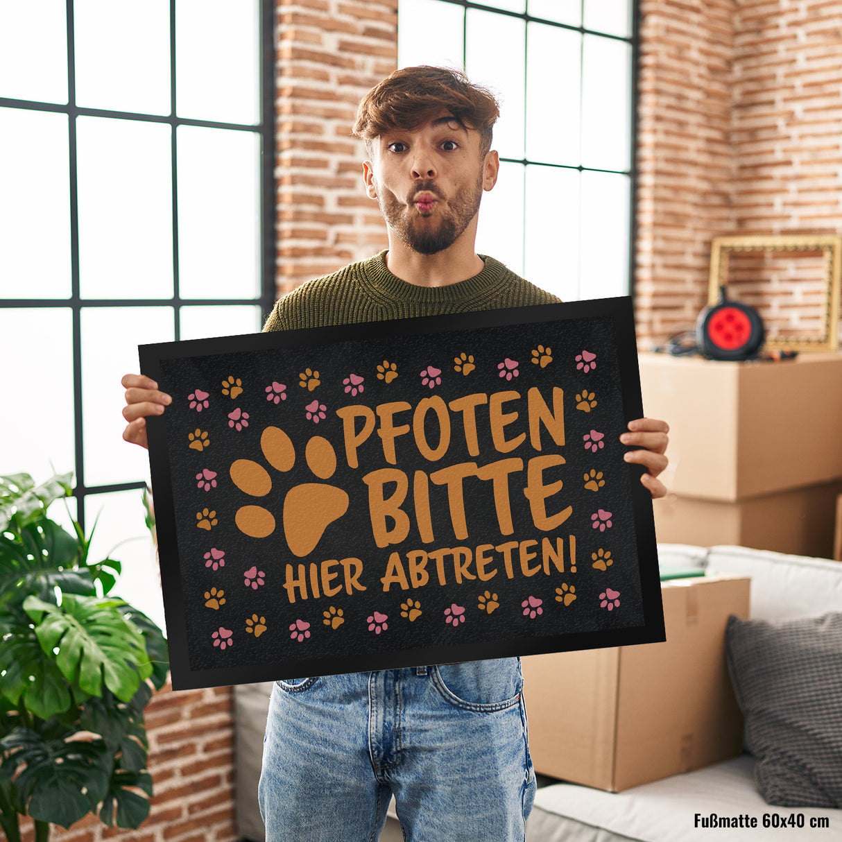 Pfoten bitte hier abtreten Fußmatte mit bunten Fußspuren von Hunden