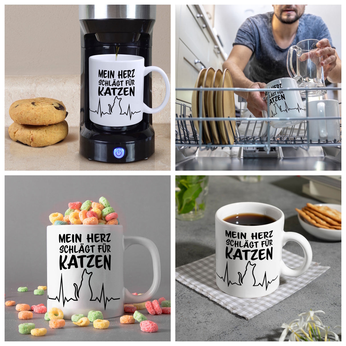 Mein Herz schlägt für Katzen Kaffeebecher mit süßem EKG Motiv