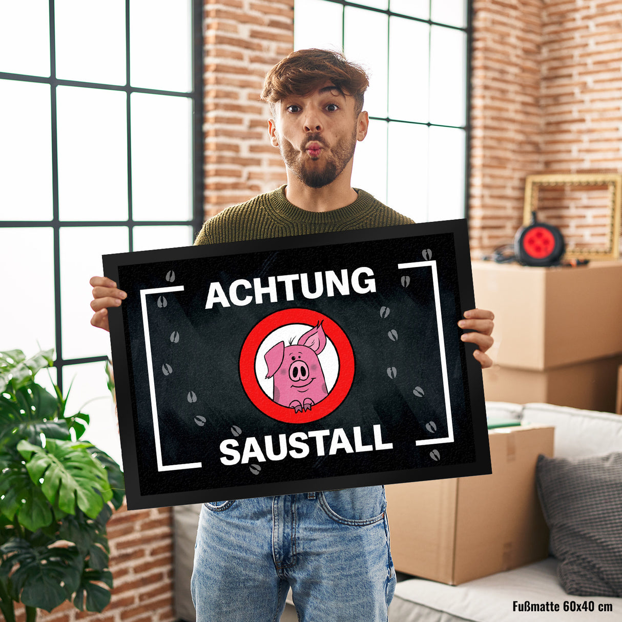 Achtung Saustall Fußmatte mit niedlichem Comic-Schwein im Warnkreis