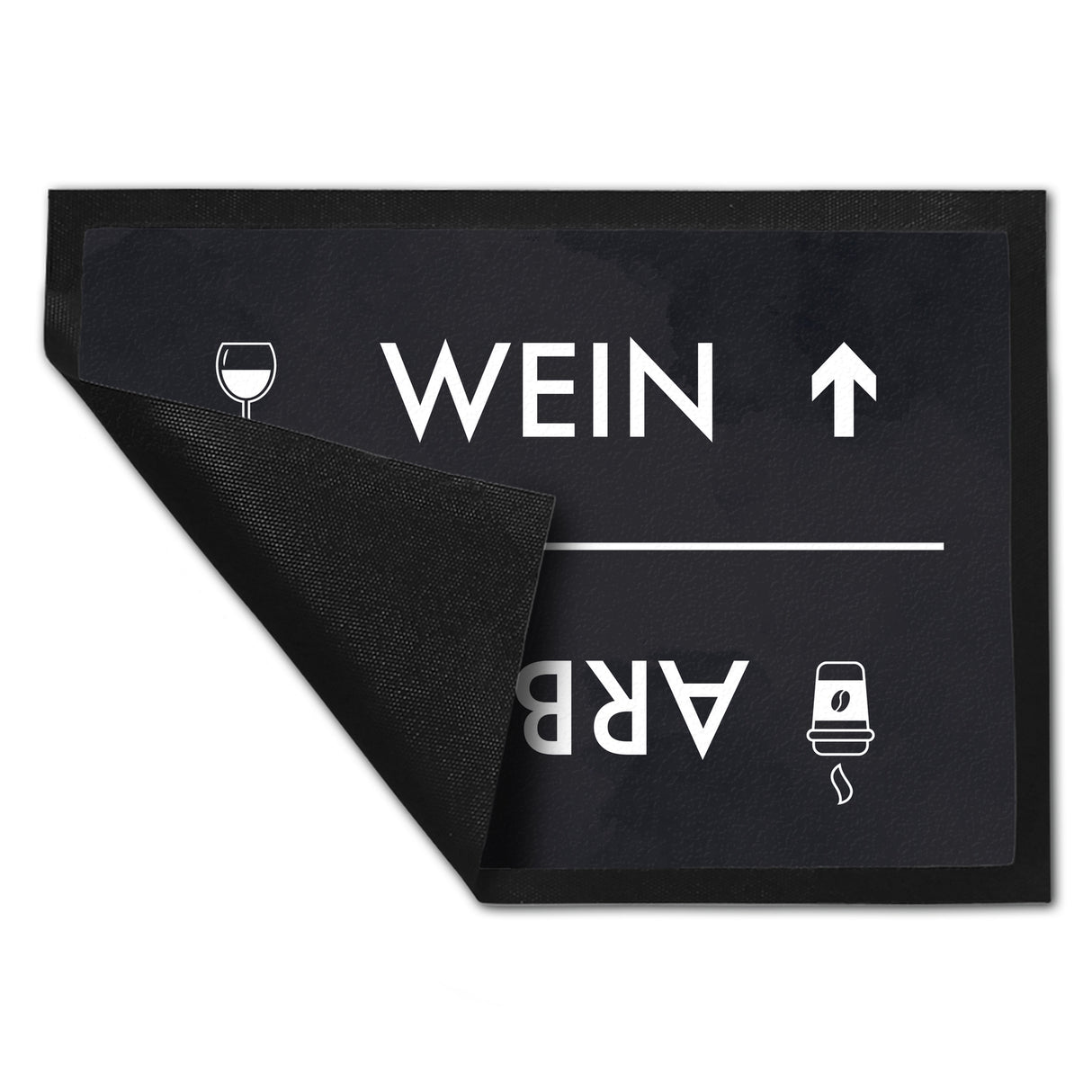 Wein oder Arbeit Fußmatte mit Weinglas und Kaffeebecher Motiv