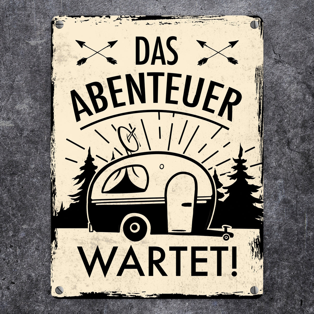 Das Abenteuer wartet Metallschild mit Campermotiv