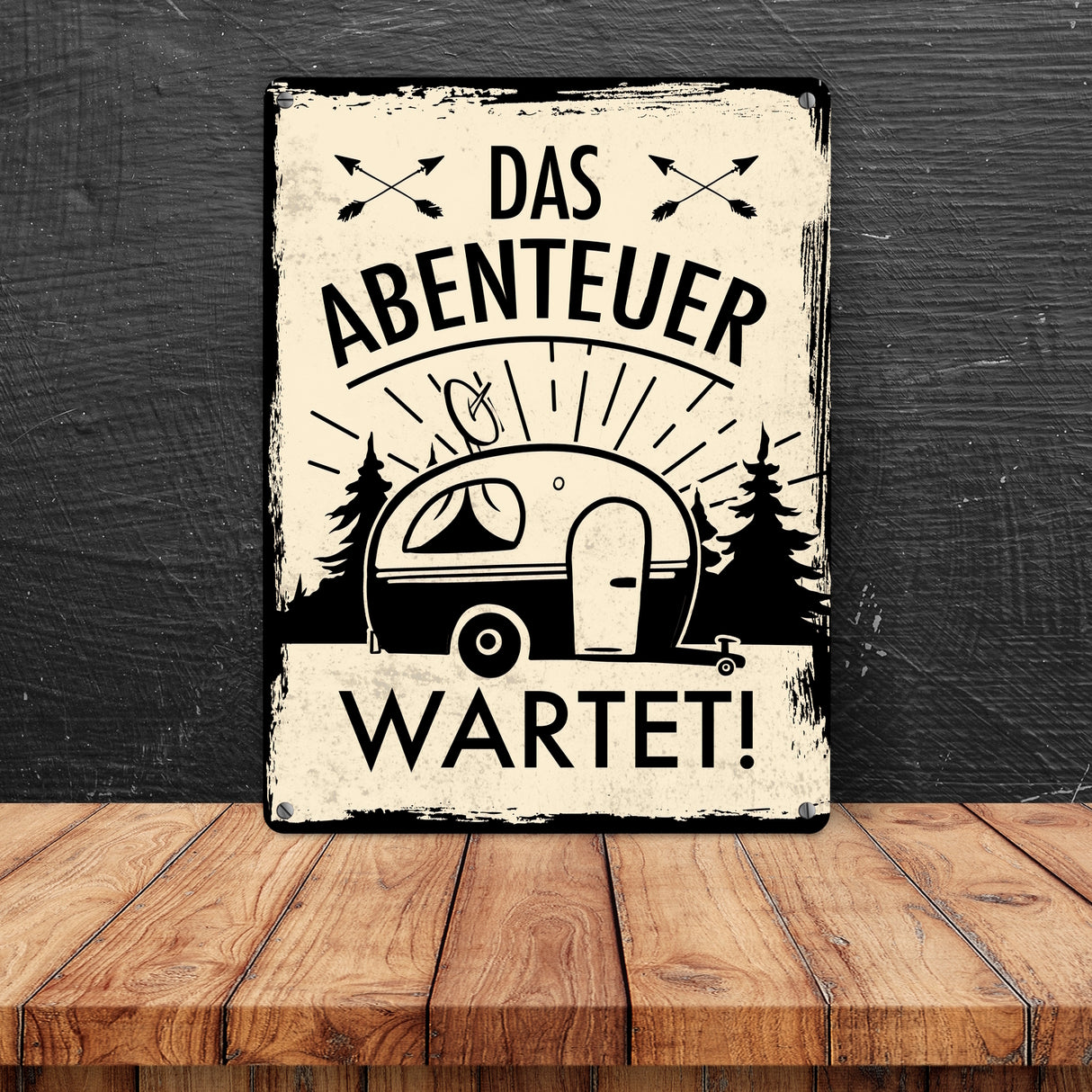 Das Abenteuer wartet Metallschild mit Campermotiv