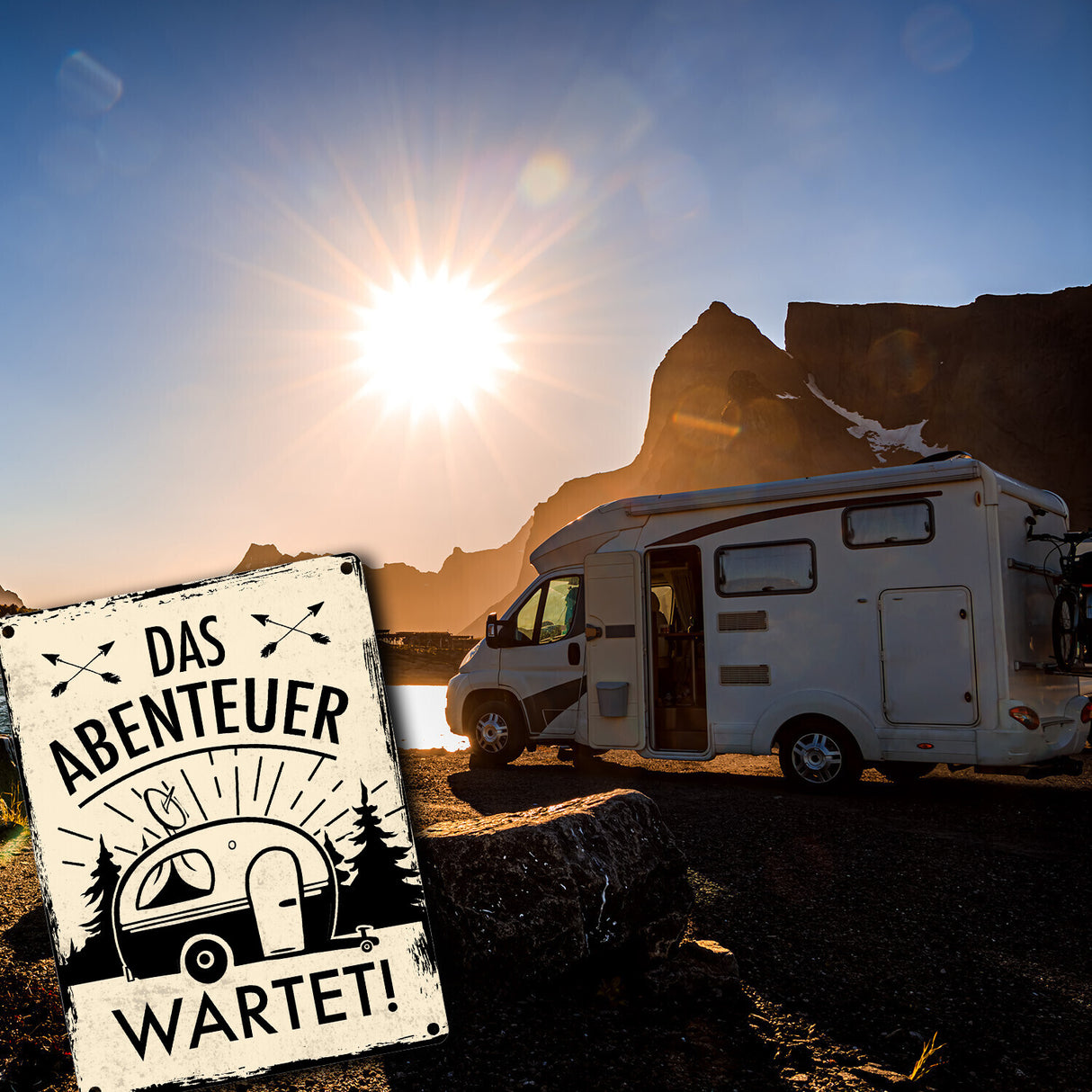 Das Abenteuer wartet Metallschild mit Campermotiv