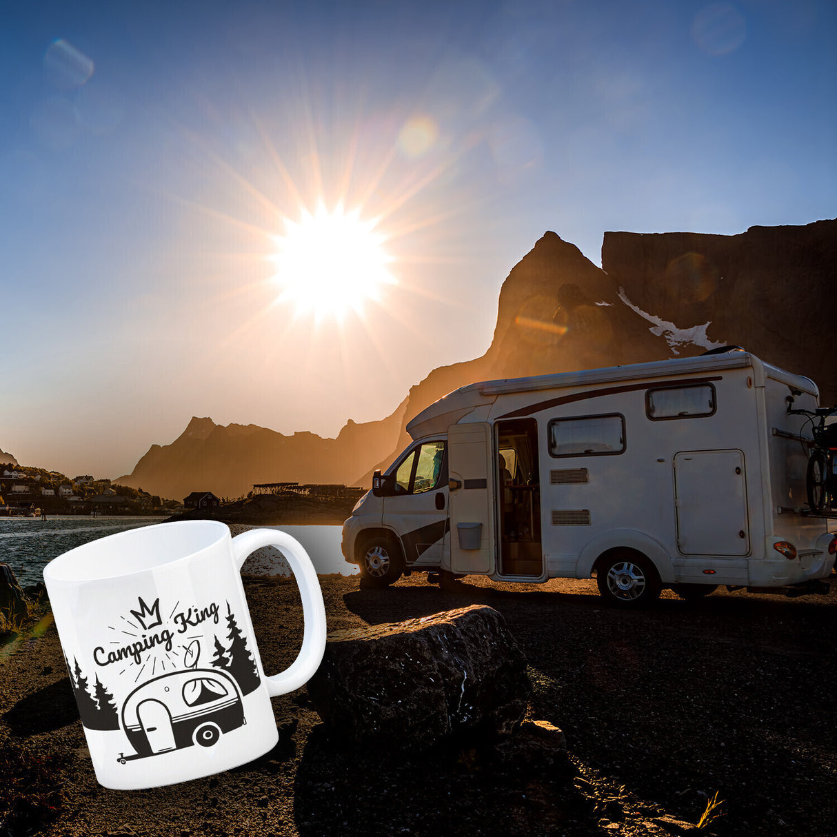Camping King Kaffeebecher mit wunderschönen Reisemotiven