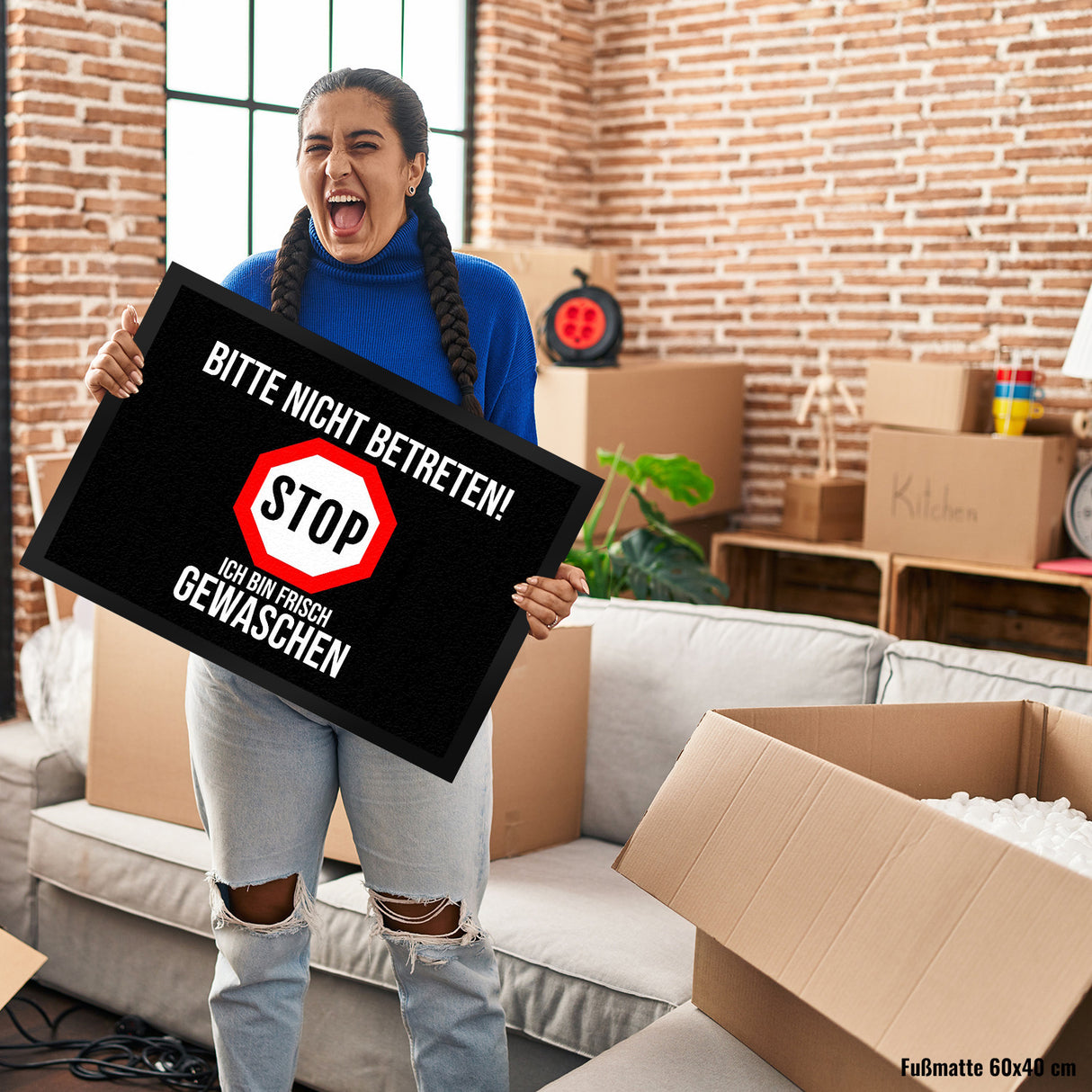Fußmatte in 35x50 cm mit Spruch Bitte nicht betreten - ich bin frisch gewaschen - Stop