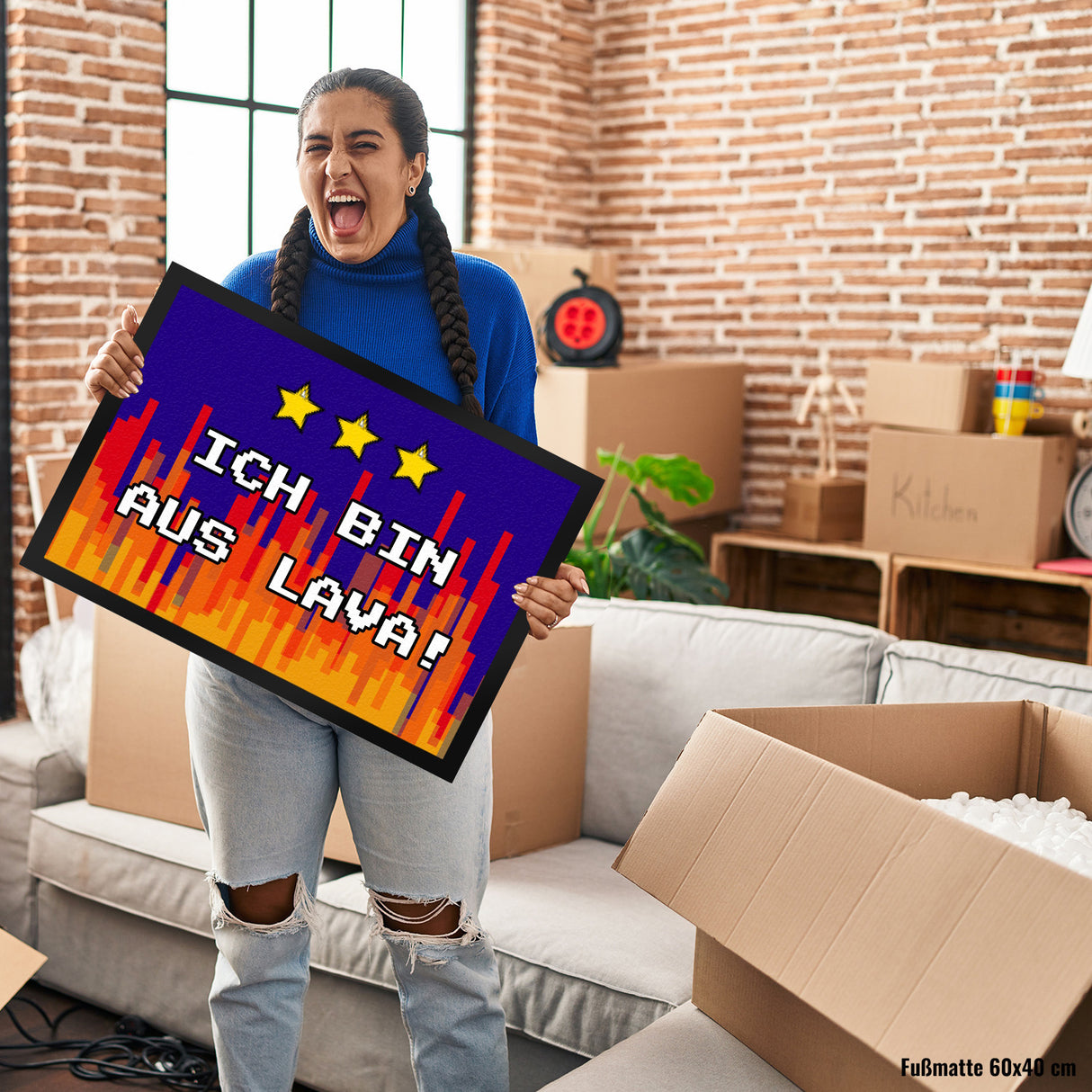Fußmatte in 35x50 cm mit Pixelmotiv und Spruch: Ich bin aus Lava! Boden Feuer